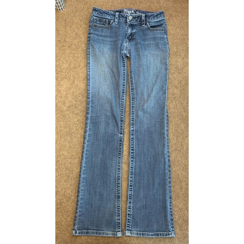 Wrangler Rock 47 Jeans Womens 28x34 Low Rise Bootcut Stretch Whiskered Y2K Denim